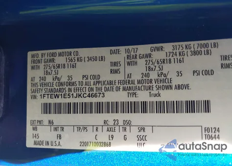 2018 Ford F-150 Xlt z USA, uszkodzony, nr VIN 1FTEW1E51JKC46673